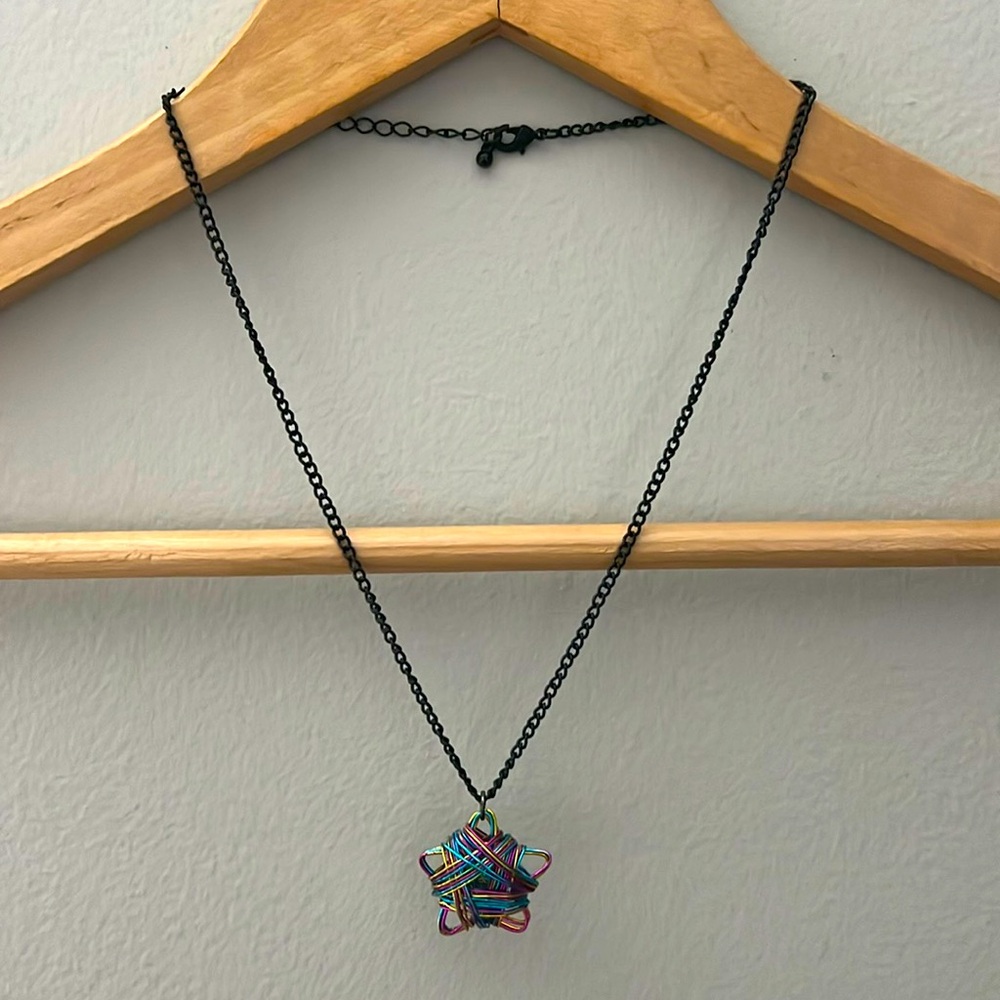 Black chain necklace with multicolor wire wrapped star